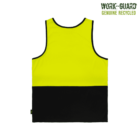 Bright yellow and black sleeveless safety vest with Work-Guard Genuine Recycled text in the top right corner. The yellow covers the top portion, while the black covers the bottom. Set against a plain green background.