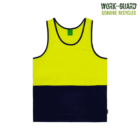 Bright yellow and black sleeveless tank top with a wide yellow upper section and a solid black lower section. WORK-GUARD text is visible in the top right corner, indicating it is made from genuine recycled materials.