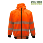 Bright orange safety jacket with reflective stripes across the chest, arms, and waist. The jacket has a zipper front, a chest pocket, and a hood. Text reads Work-Guard Genuine Recycled in the top right corner.