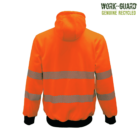 Bright orange high-visibility jacket with reflective silver stripes across the chest, arms, and back. The image includes Work-Guard Genuine Recycled text in green on the top right corner. Jacket features a hood and black cuffs.