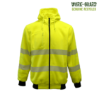A high-visibility yellow hooded jacket with reflective stripes on the sleeves and torso. It features a zippered front and pocket on the chest.