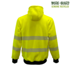 A bright yellow high-visibility jacket with reflective stripes on the sleeves and across the back. The jacket has a hood, and the words WORK-GUARD GENUINE RECYCLED are printed in the top right corner.