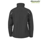 Back view of a black, long-sleeved jacket with a high collar. The design features subtle white piping on the shoulders. Result Genuine Recycled is printed in green in the top right corner.