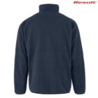 Navy blue fleece jacket shown from the back with a stand-up collar and raglan sleeves. The brand Result is printed in red at the top right corner.