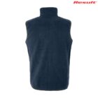 Back view of a sleeveless navy blue fleece jacket with a high collar. The fabric appears soft and warm. The brand logo is visible in red at the top right corner.