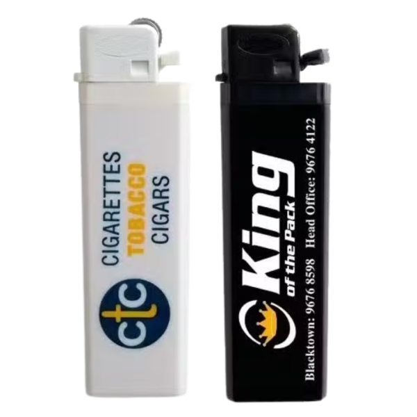 Solid Colour Lighters: Custom black and white lighters with promotional logos and text.