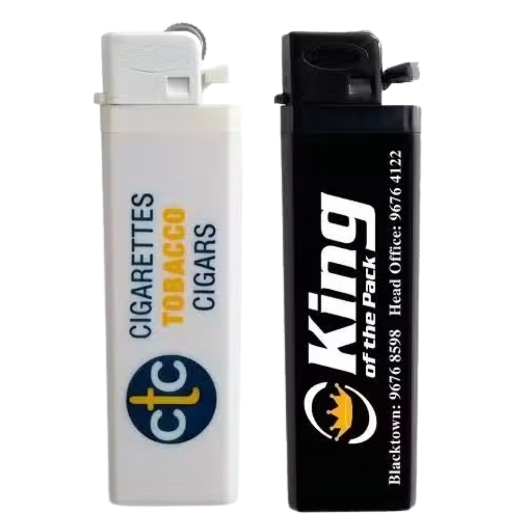 Solid Colour Lighters: Custom black and white lighters with promotional logos and text.