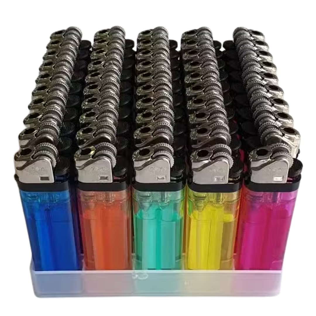 Acrylic stand showcasing Transparent Lighters in red, orange, green, yellow, and pink.