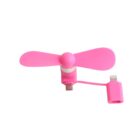 A small pink smartphone fan with two blades and a connector for plugging into a phone.