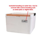 White cooler box with a pinkish-brown lid. It features the brand name GiNT on the front. Red text above indicates that the branding can be covered with custom options like a metal plate or digital label.