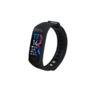 A black fitness tracker with a colorful digital display showing time (17:14), date (12/07, Monday), and activity icons. The band has an adjustable clasp. The background is plain white.