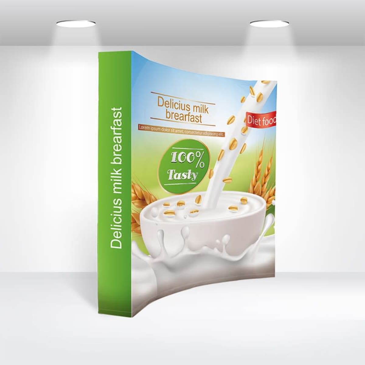 A cereal box with Delicious milk breakfast written on it. The front shows milk pouring into a bowl of cereal with wheat in the background. A green badge reads 100% Tasty and a red label says Diet food. The box is under bright lighting.