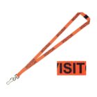 An orange lanyard with the text VISITOR repeatedly printed in black. It features a metal clip at one end for attaching items. A close-up of the text is shown in an inset.