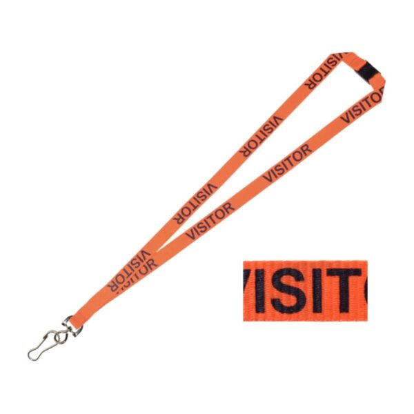 An orange lanyard with the word VISITOR printed repeatedly in black. It features a metal clip for attaching items. A close-up section of the lanyard highlights the printed text.