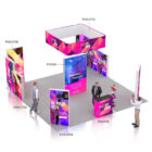 Trade show booth with FIT.COM branding. Includes multiple colorful displays and informational panels. Three people interacting in the space. Booth features a large hanging sign (POS375C) and various informational stands (POS375A, POS375B, POS320, POS345A).