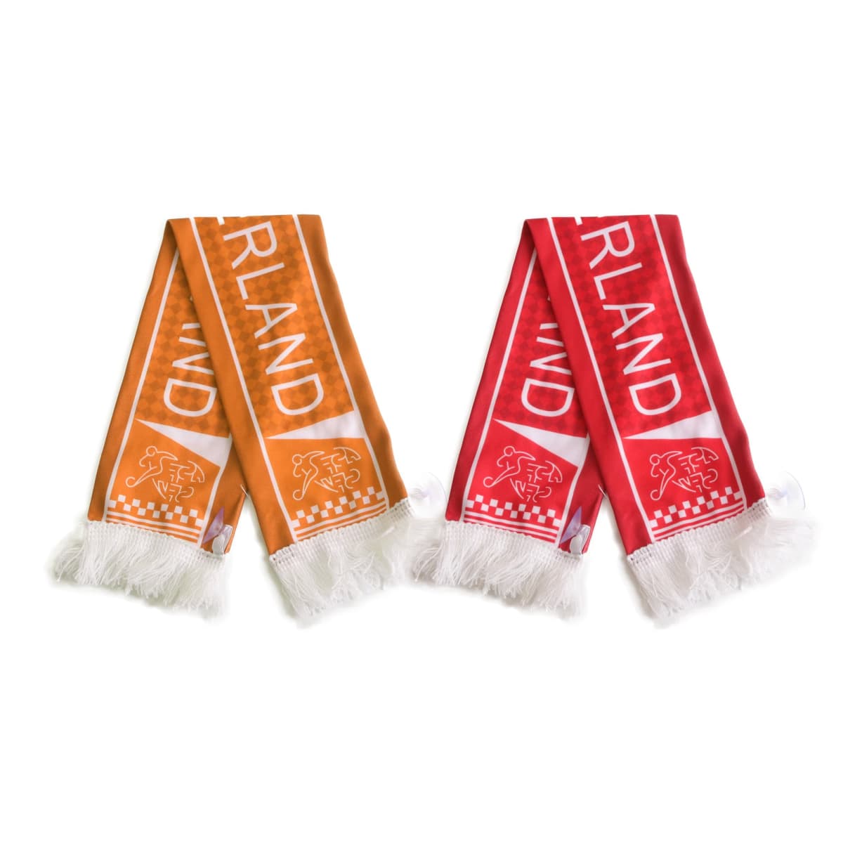 Two sports scarves with tassels, one orange and one red, both featuring a white design of a football and the word HOLLAND.