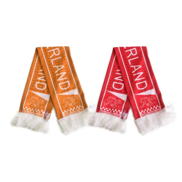 Two sports scarves with fringe tassels. The left scarf is orange with white lettering and a football design. The right scarf is red with similar white lettering and design. Both display the word WIRLAND and a stylized logo.