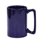 A glossy, dark blue ceramic mug with a rectangular handle, standing against a plain white background.