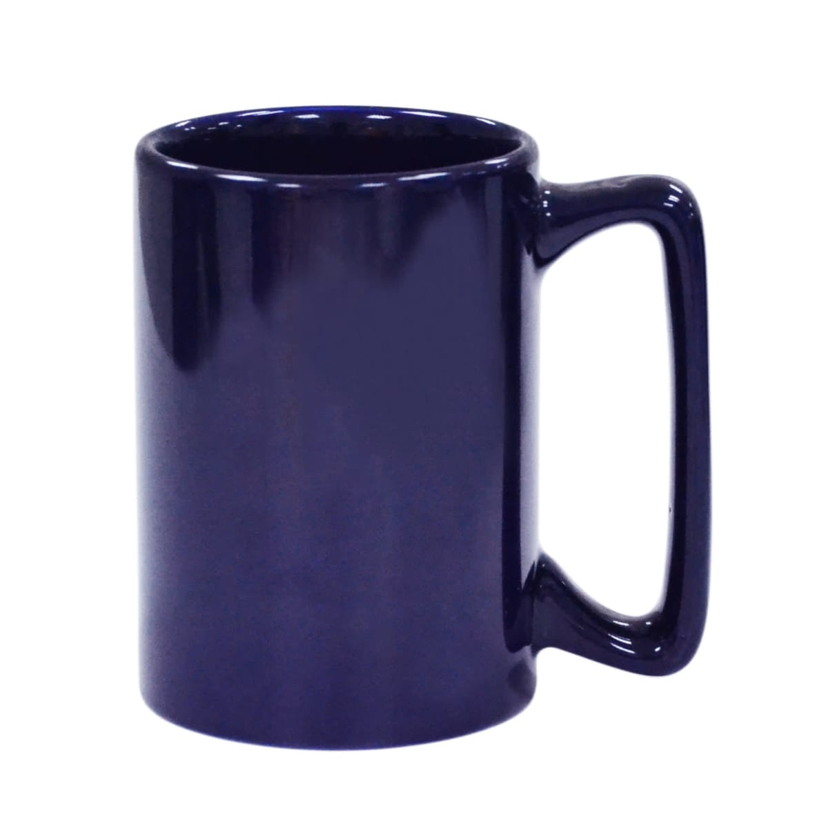 A glossy, dark blue ceramic mug with a rectangular handle, standing against a plain white background.