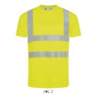 A neon yellow safety T-shirt with reflective silver stripes across the chest and shoulders, designed for high visibility.