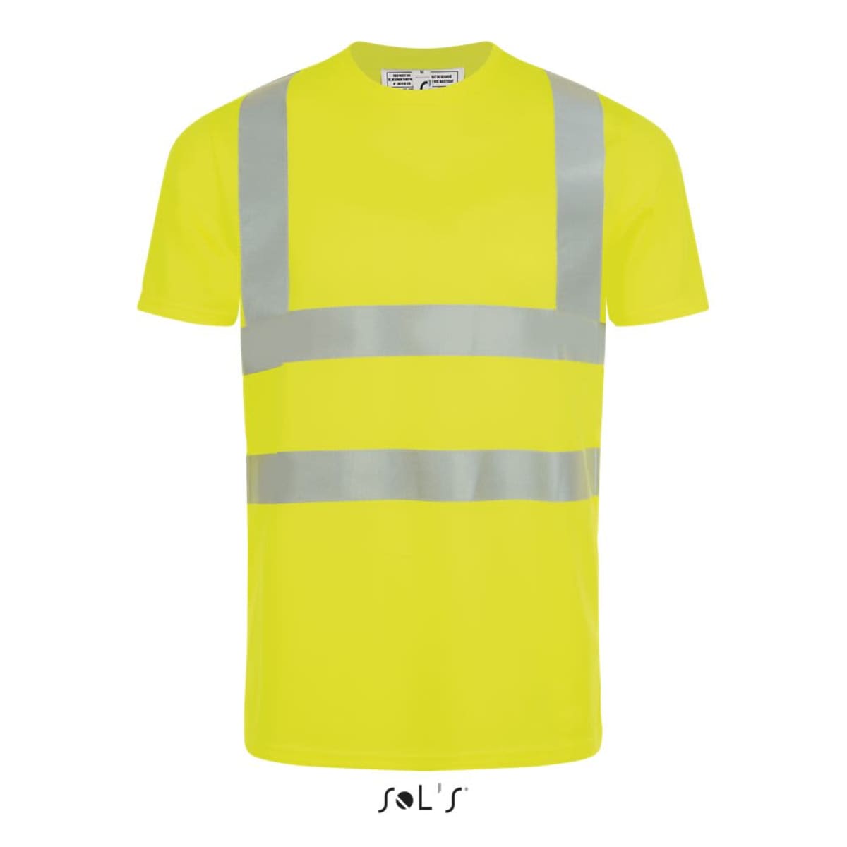 A neon yellow safety T-shirt with reflective silver stripes across the chest and shoulders, designed for high visibility.