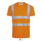 An orange safety T-shirt with gray reflective stripes across the chest and shoulders. The shirt is displayed on a plain white background.