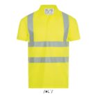Bright yellow high-visibility polo shirt with two reflective vertical stripes over the shoulders and two horizontal stripes across the chest and abdomen. The brand SOLS is displayed underneath.