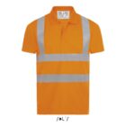 An orange high-visibility polo shirt with reflective grey stripes across the chest and over the shoulders. It features short sleeves and a button-up collar. Manufacturers tag visible at the back of the neck. White background.