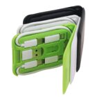 Compact travel organizer with multiple USB connectors in black, white, and green. It features various cable types neatly stored within a foldable case.