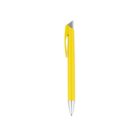 A sleek yellow pen with a silver tip and a uniquely designed clip is centered against a white background. The pen appears modern and stylish.