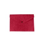 A red felt envelope with a triangular flap, secured by a small black button, isolated on a white background.