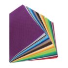 A stack of colorful fabric sheets fanned out on a white background. The sheets include shades of purple, blue, green, yellow, brown, and red, showcasing a variety of vibrant colors.