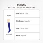Diagram titled PCH556 Mid Calf Custom Pattern Socks with details: Style - Mid calf, Size - Adult 7-12, Thickness - Regular, Use - Casual socks, Base - Regular. Illustration of a blue mid-calf sock on the left.
