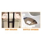 The image shows two features of a cooler. On the left, a cooler with two indented areas circled and labeled Cup Holder. On the right, a close-up of a metal Bottle Opener attached to the cooler.