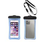Two waterproof phone pouches are displayed. The left pouch shows a phone screen with app icons, and the right pouch shows the phones back with cameras. Both have black tops and a detachable strap.