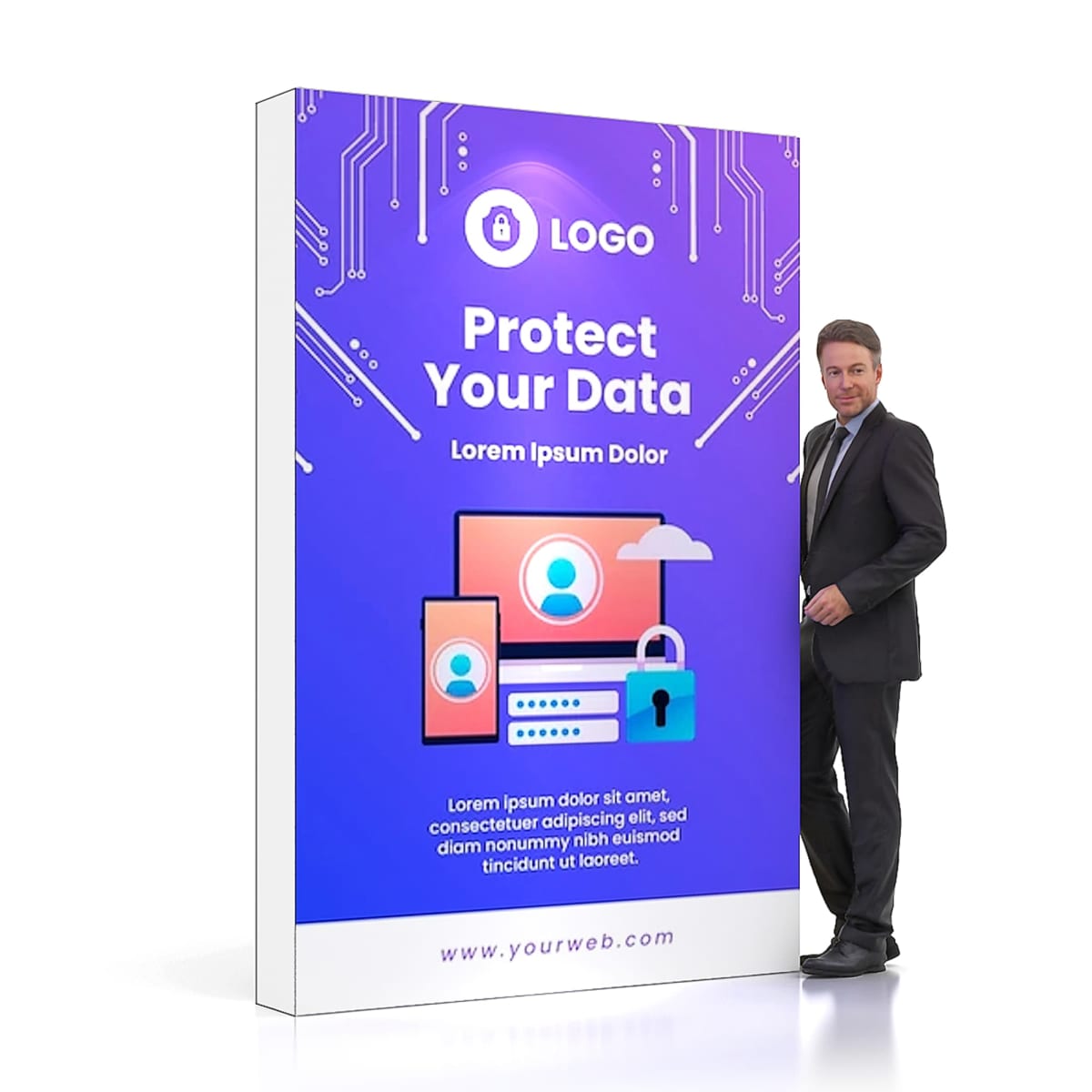 Businessman standing beside a large digital display board with Protect Your Data text and illustrations of digital devices. The background is purple with circuit designs. The board includes placeholder text and a logo at the top.