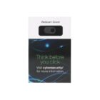 Webcam cover packaging with the text Think before you click. Visit cybersecurity/ for more information. The package shows a black rectangular cover with a sliding mechanism for a webcam. Background features abstract blue and green light streaks.