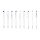 A row of nine white pens with different colored clickers and clips, featuring shades of blue and purple, lined up vertically against a plain white background.
