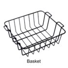 A black wire basket with a rectangular shape and handles on each side. It has a grid design and the word Basket is labeled beneath it.