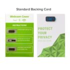 Image of a webcam cover backing card. The left side has green instructions and illustrations for installing a webcam cover. The right side shows Protect Your Privacy with a webcam cover image below, featuring a geometric green pattern.