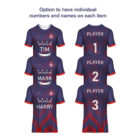Six blue and red soccer jerseys with chevron patterns. The front has the word Sponsor and a logo. The back shows names TIM, MARK, HARRY, and numbers 1, 2, 3. Text above reads, Option to have individual numbers and names on each item.