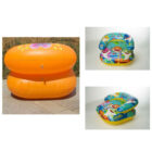 An image featuring an orange inflatable seat on the left and two colorful inflatable seats with animal designs on the right, placed on a light background.