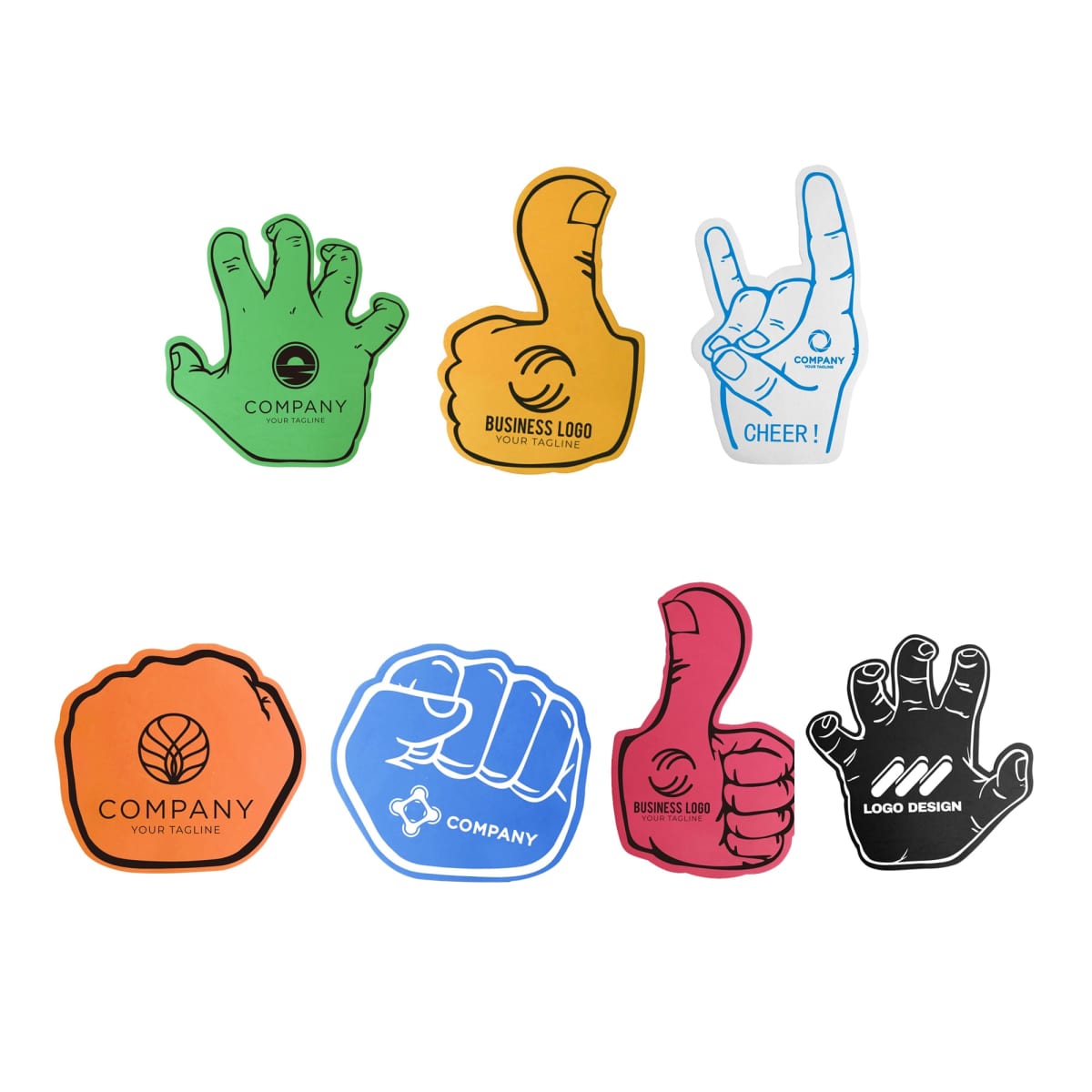 A collection of seven hand-shaped foam-based logos in different colors and gestures. Designs include a peace sign, fist, thumbs up, rock sign, and more. Each has a space for a company logo or tagline.