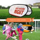 A split image featuring a red and white Kick Boxing Night banner on grass and a group of children playing soccer near a goal. A text overlay reads Perfect for outdoor activities.