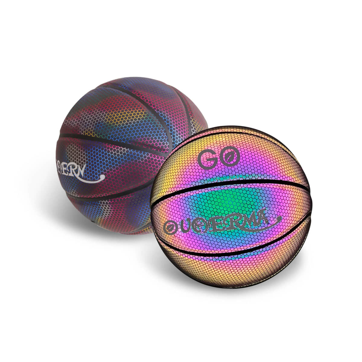 Two colorful iridescent basketballs with a honeycomb pattern. The ball in the foreground displays the text GO OVERM in bold black letters, while the background ball shows a similar vibrant pattern.