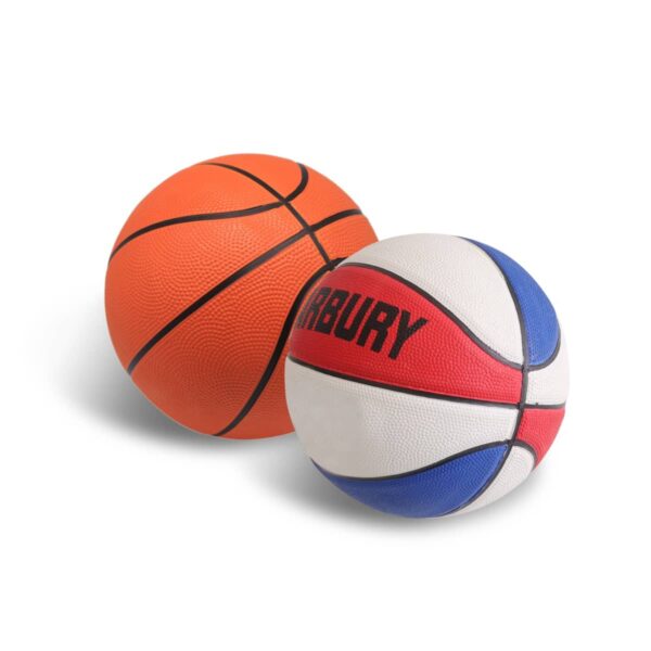 Two basketballs are shown. One is orange with black lines, traditionally designed. The other is multicolored, in white, blue, and red, with the word MARBURY in black letters across the red section.