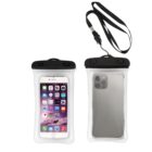 Two transparent waterproof phone pouches with black seals and detachable straps. One pouch displays a smartphone with app icons, while the other shows the back of a smartphone with multiple camera lenses.