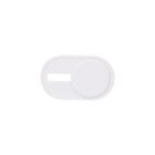 A white oval-shaped webcam cover with a sliding mechanism. It has a circular section that can be moved to reveal or hide a small rectangular opening.