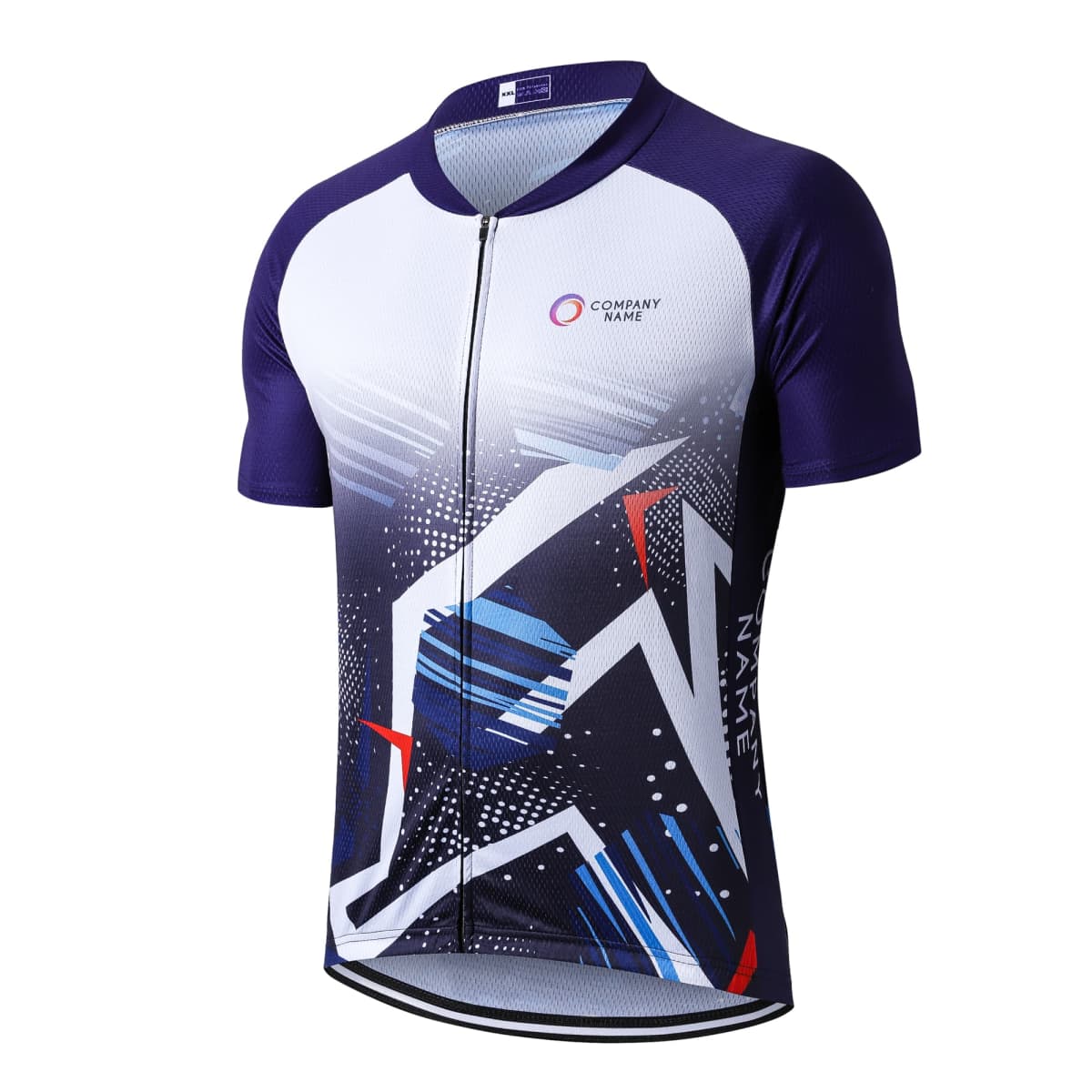Cycling jersey with short sleeves in a gradient design of blue, white, and black. Features abstract geometric patterns with lines, dots, and red highlights. A vertical zipper runs down the front, and theres a company logo on the upper chest.