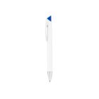 A white and blue ballpoint pen with a sleek design, featuring a silver tip and a blue triangular top section. The pen has a clip for attachment and is set against a plain white background.